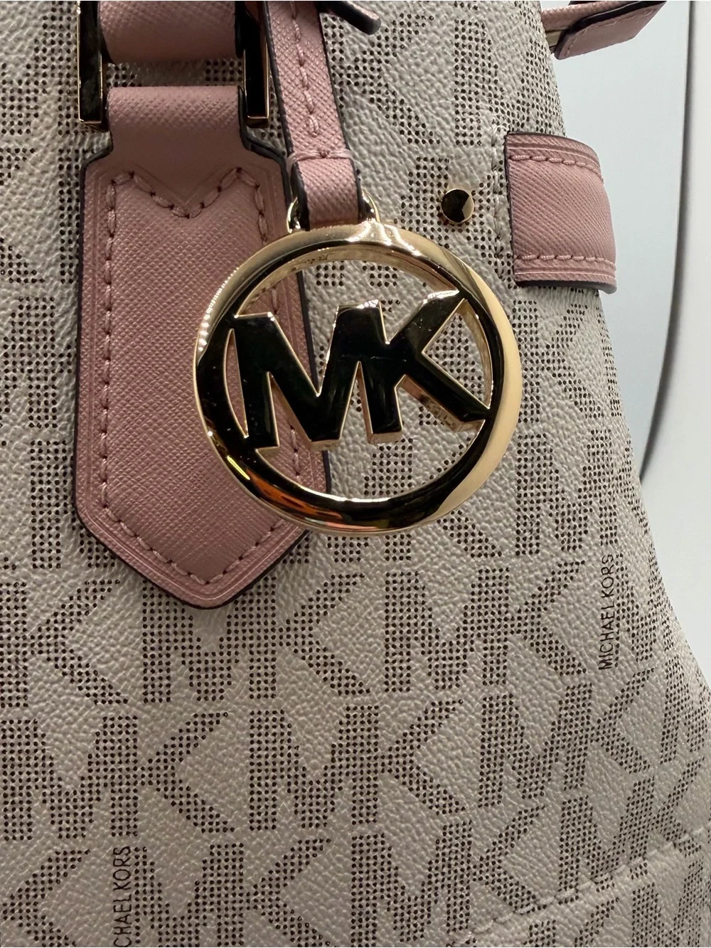 Michael Kors Lynn Large East West Signature Satchel with Dusty Pink Trim NWT